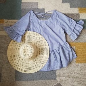 NWT Blue and white striped ruffle sleeve top